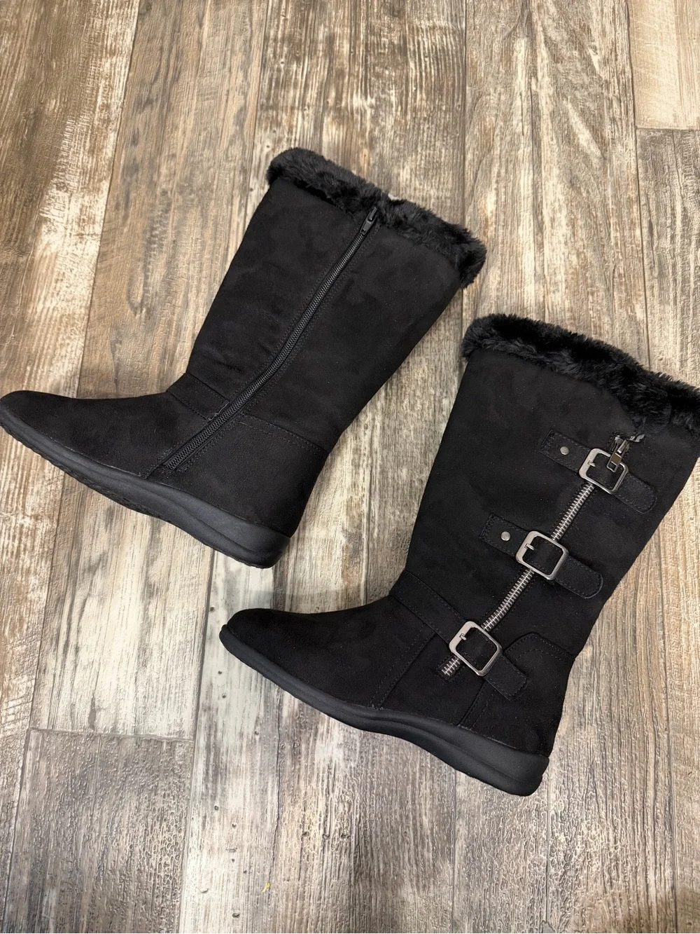 Girl’s Hot Cakes Black Faux Fur-Trim Mid-Calf Buckle Boot Size 2.5